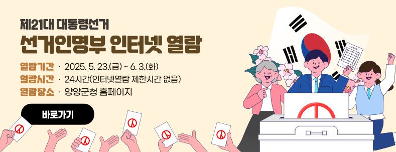 제21대 대통령선거 선거인명부 인터넷 열람
- 열람기간: 2025. 5. 23.(금) ~ 6. 3.(화)
- 열람시간: 24시간(인터넷열람 제한시간 없음)
- 열람장소: 속초시청(정선, 양양, 인제, 평창) 홈페이지